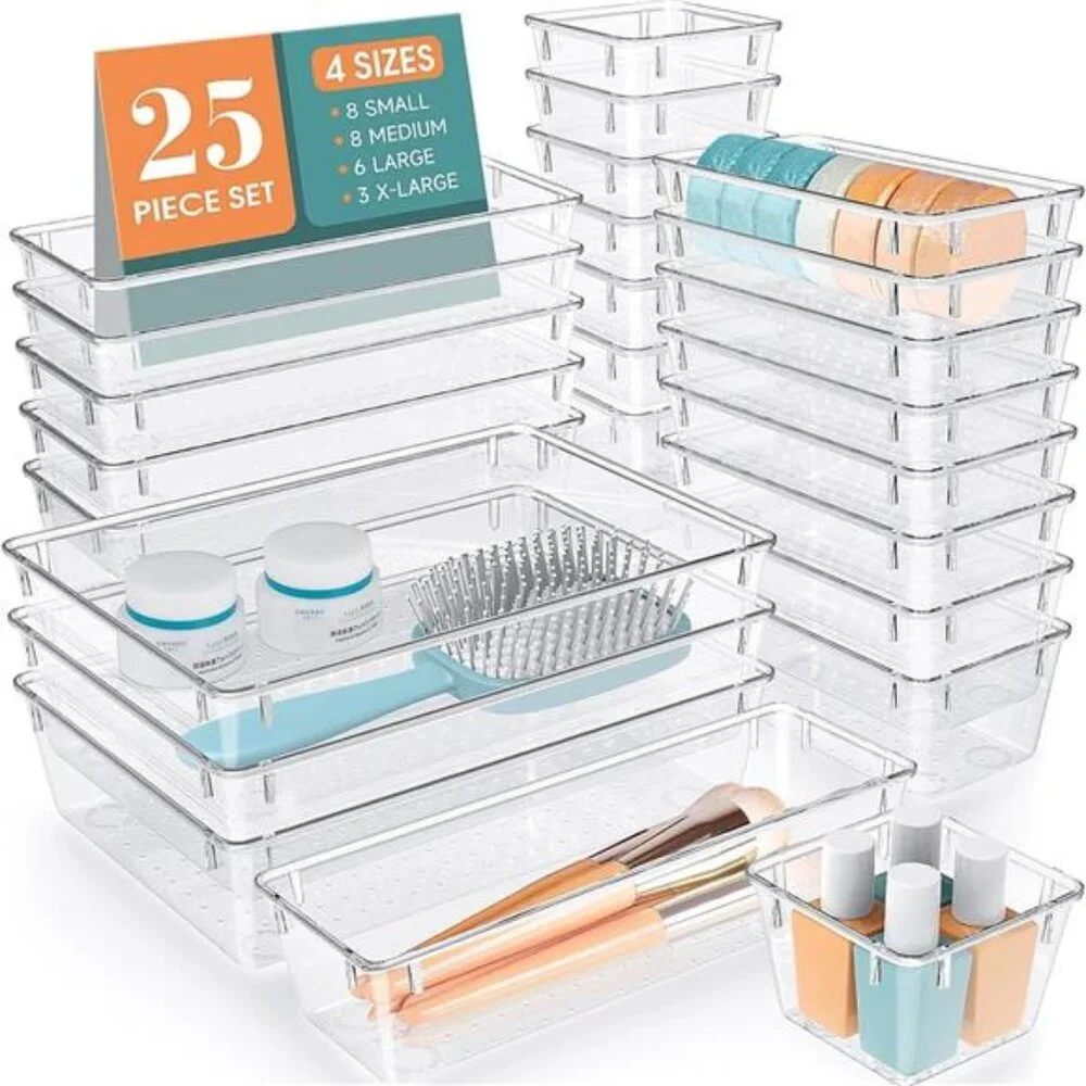 25 PCS Clear Plastic Drawer Organizer Set, 4 Sizes Desk Drawer Divider Organizer